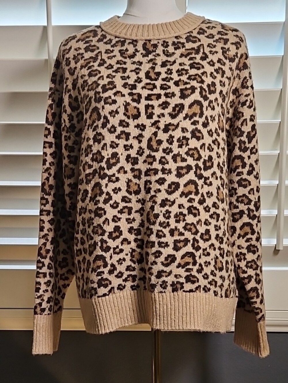 American Eagle Outfitters Beige Leopard Print Over Sized  Crewneck Sweater Med